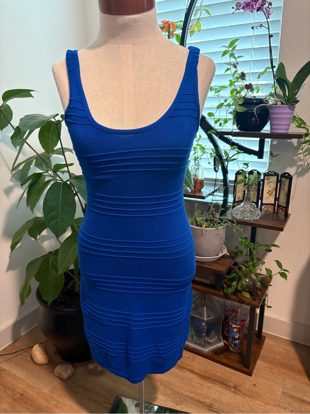 Scoop Neck Bodycon Mini Dress in Royal Blue w/ Black Crisscross Open Back NWOT